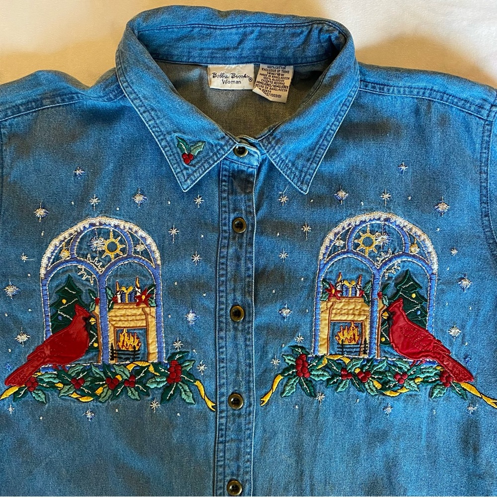 vintage 90s bobbie brooks denim button up / embroidered xmas cardinal scene